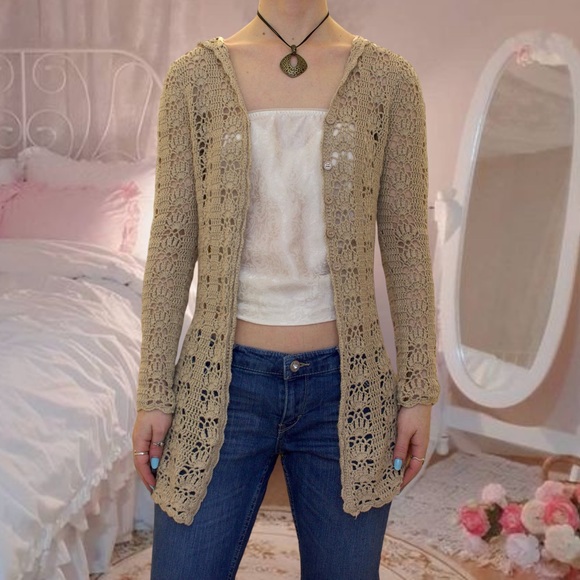 Vintage y2k boho crochet hooded cardigan - Picture 9 of 16
